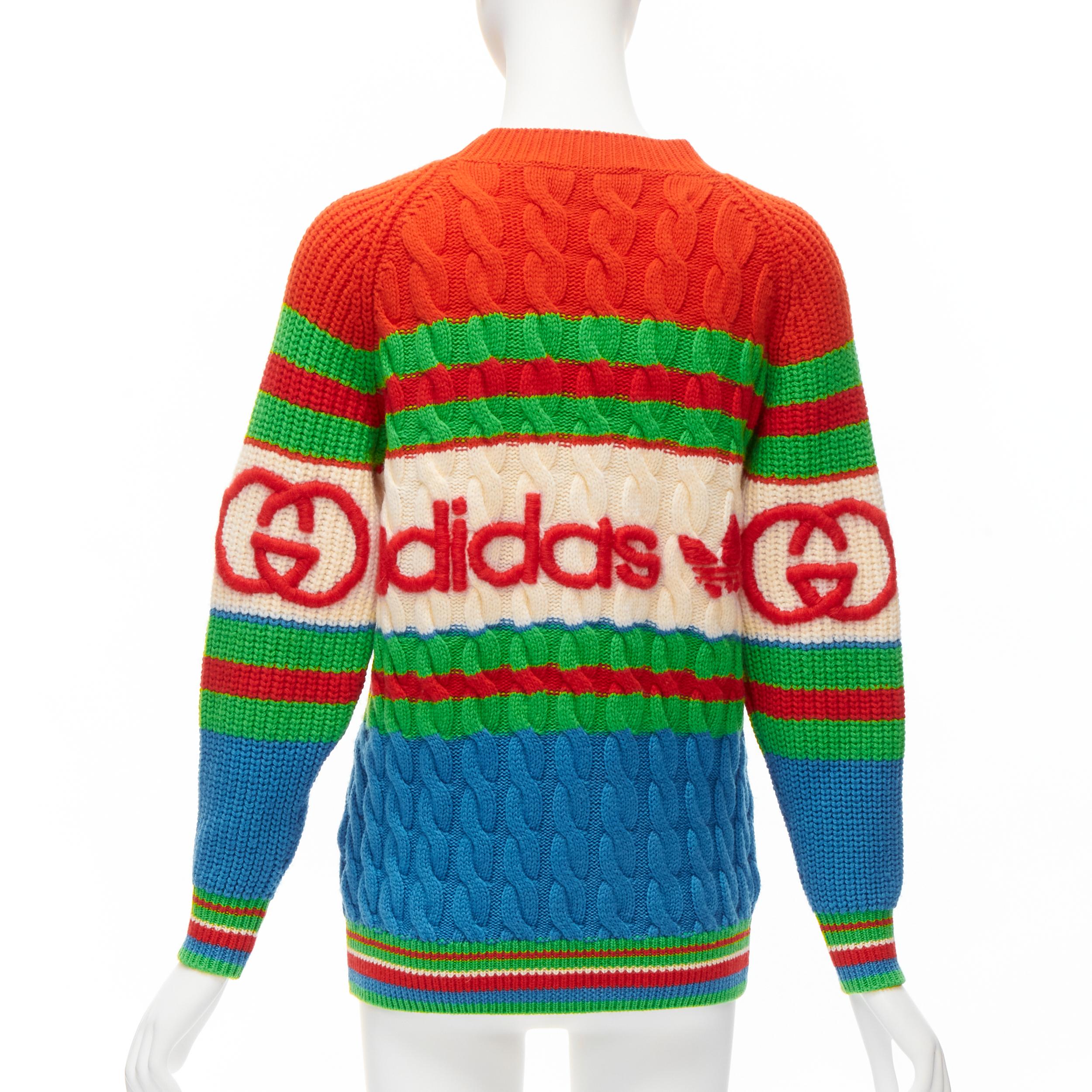 GUCCI ADIDAS 2022 100% wool red green 3D logo embroidery cable sweater XXS For Sale 1