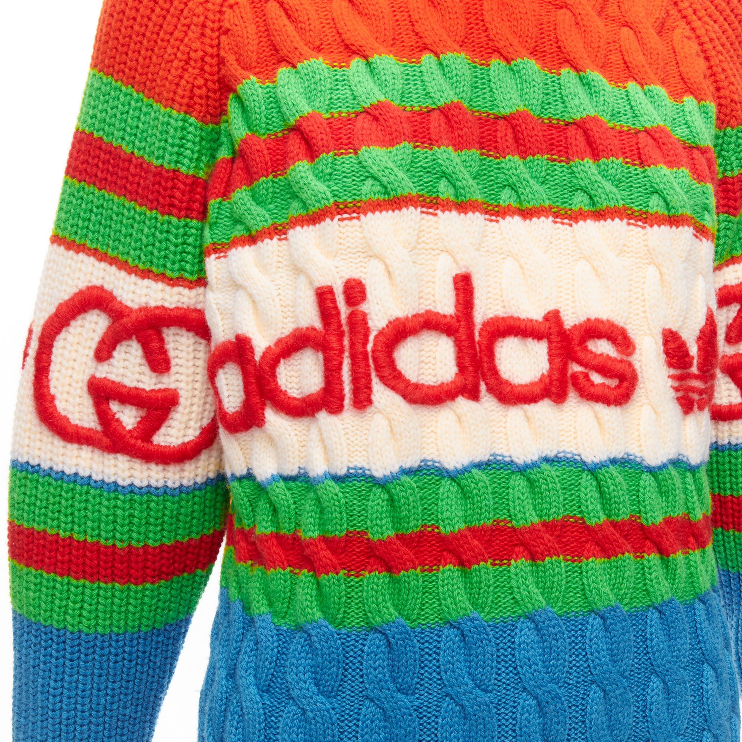 GUCCI ADIDAS 2022 100% wool red green 3D logo embroidery cable sweater XXS For Sale 2