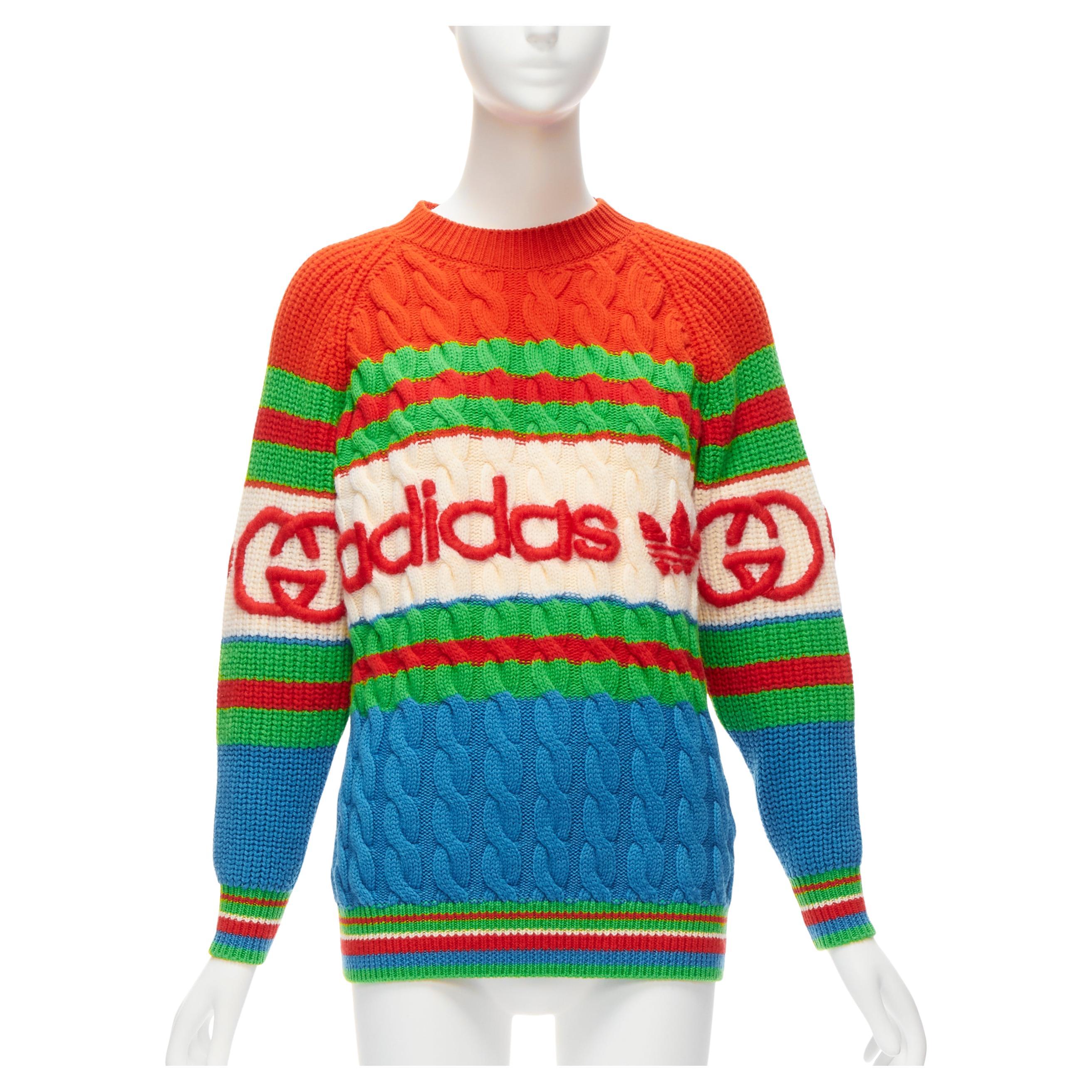 GUCCI ADIDAS 2022 100% wool red green 3D logo embroidery cable sweater XXS For Sale