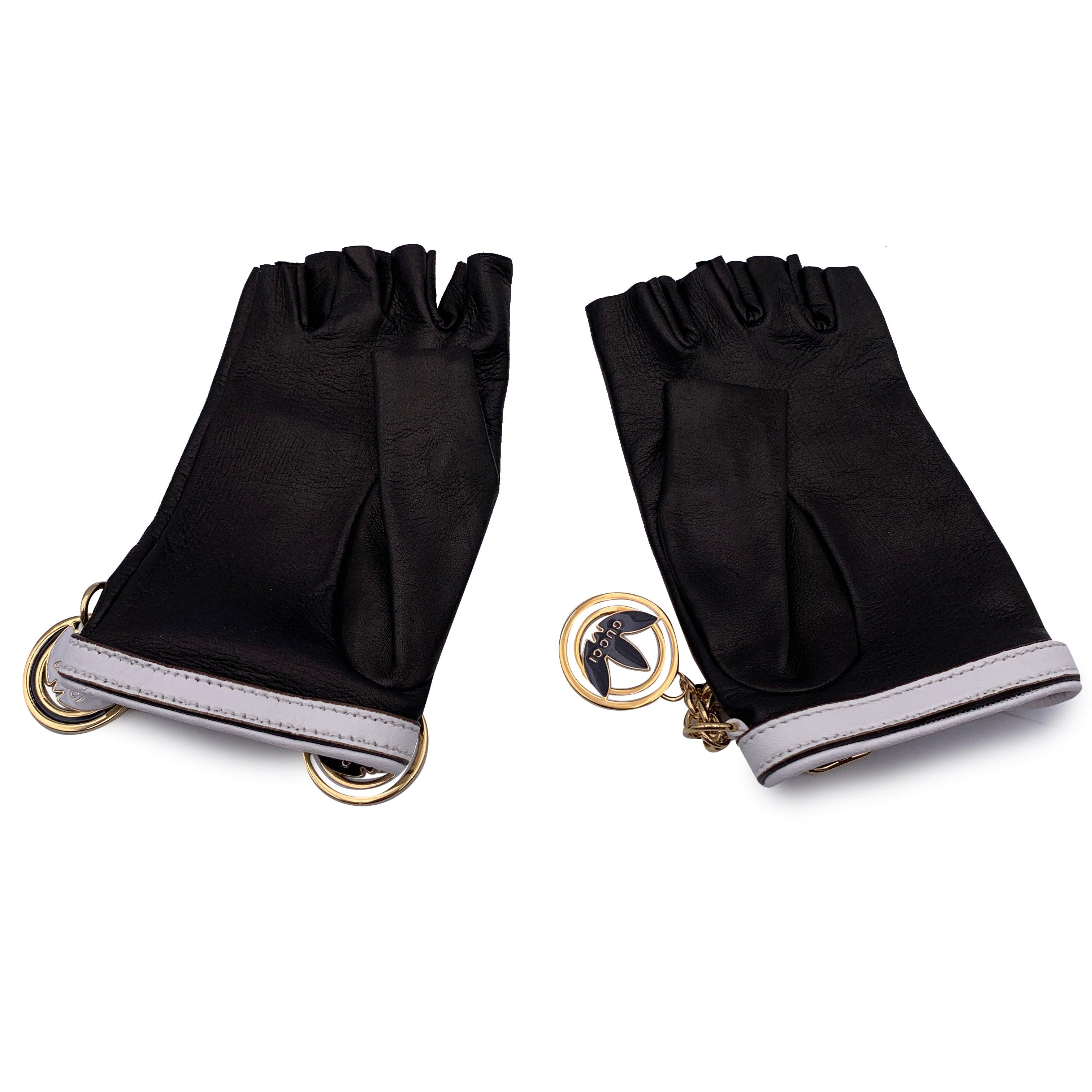 Gucci Adidas Black Leather Driver Fingerless Gloves Charms Size 7.5 For Sale 1