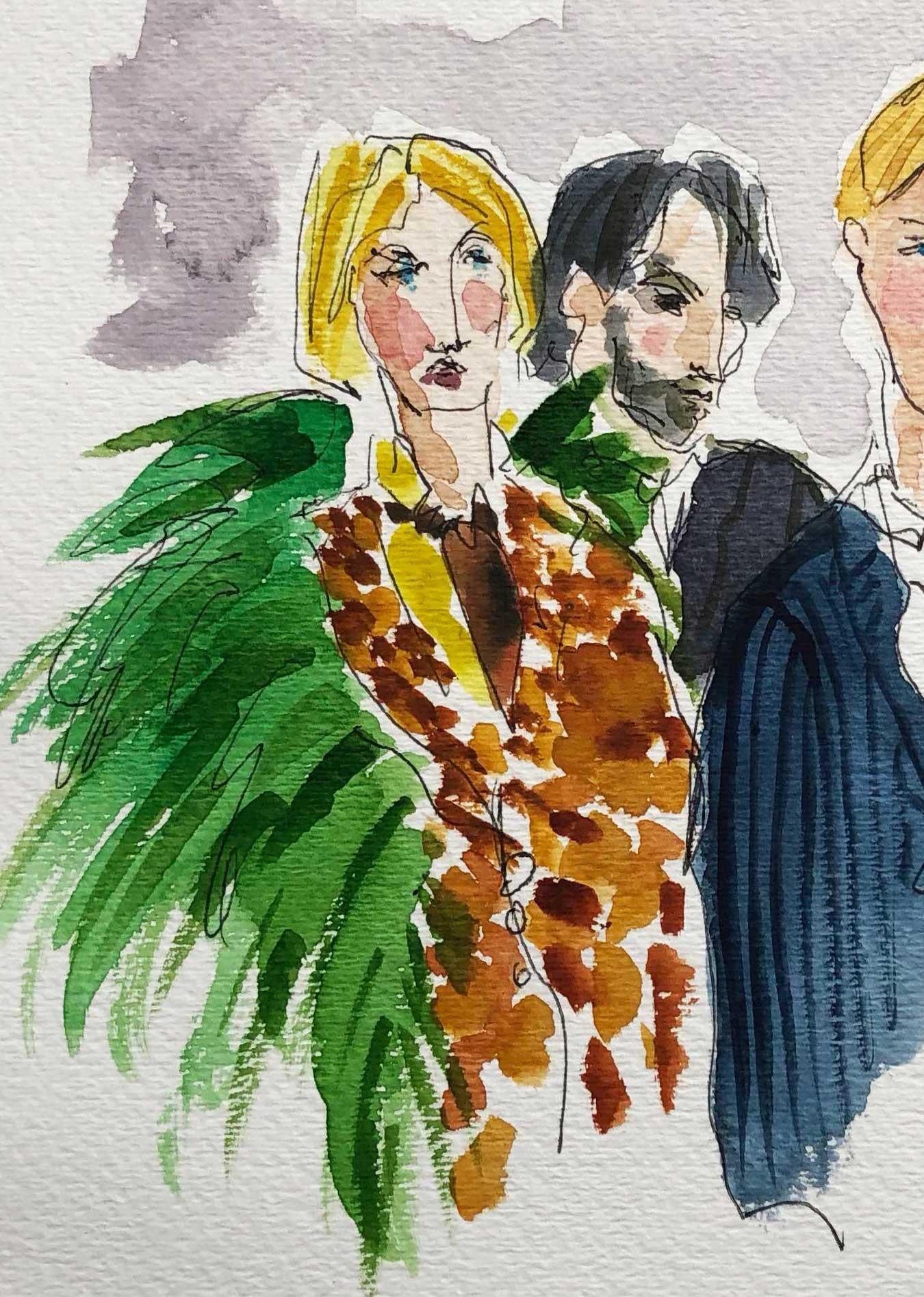 Gucci Aficionados by Manuel Santelices
One of a kind watercolor
Dimensions: 9 in. H x 12 in. W
2015.
Framed.

Manuel Santelices
The worlds of fashion, society and pop culture are explored through the illustrations of Manuel Santelices, a