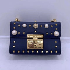 Gucci Agata Midnight Blue Calfskin Leather Pearl Studded Small Padlock Bag