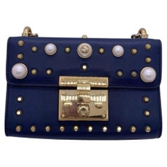 Gucci Agata Midnight Blue Calfskin Leather Pearl Studded Small Padlock Bag