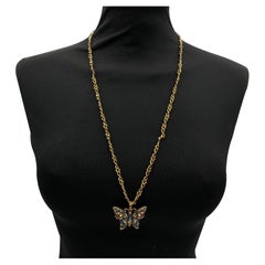 Gucci Aged Gold Metal Butterfly Necklace with Multicolor Crystal