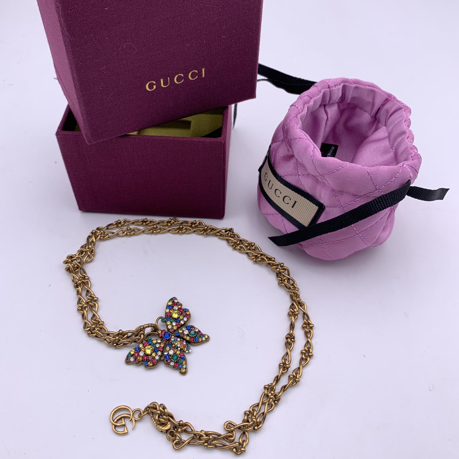 Gucci Aged Gold Metal Multicolor Crystal Butterfly Necklace For Sale 6