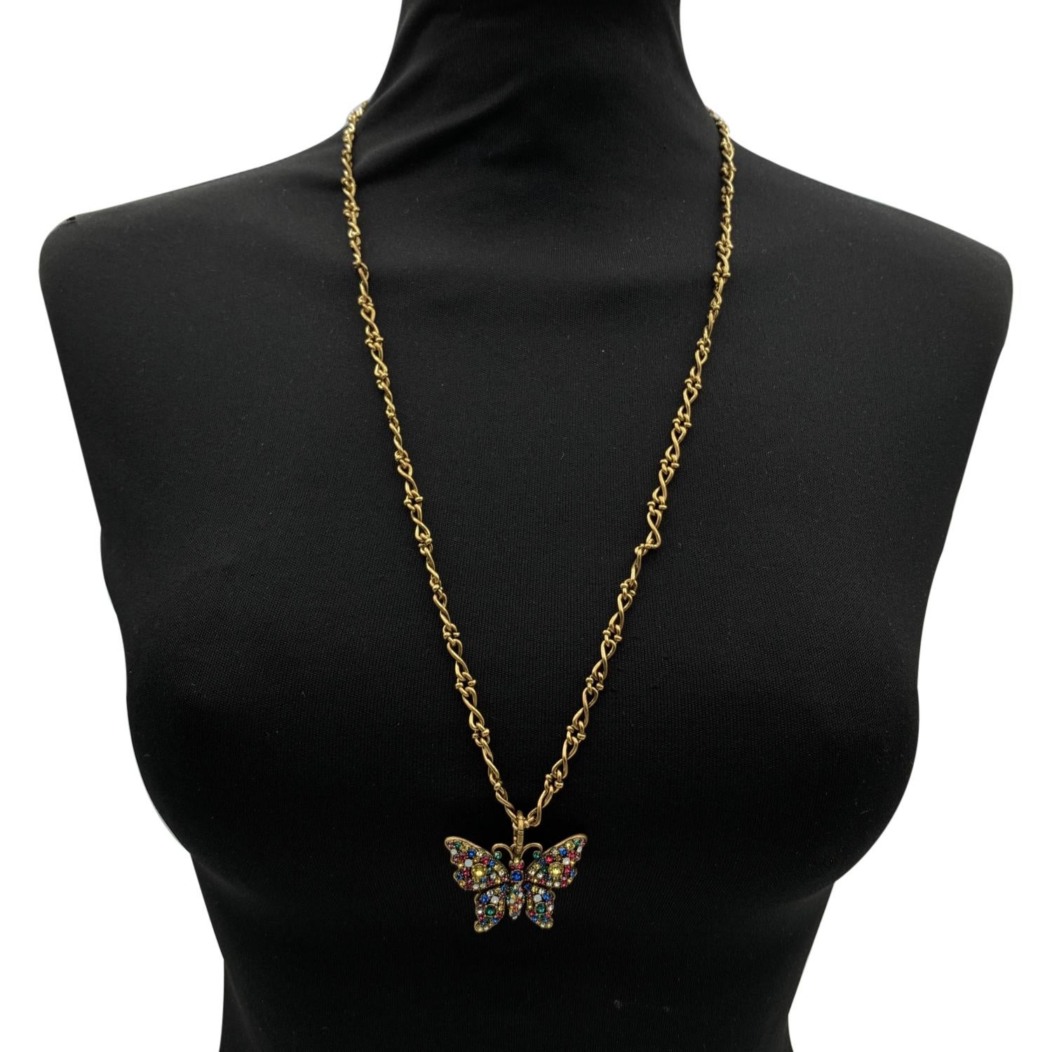 Gucci Aged Gold Metal Multicolor Crystal Butterfly Necklace For Sale 7