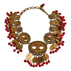 Gucci Aged Gold Tone Crystals & Bead Charm Statement Necklace