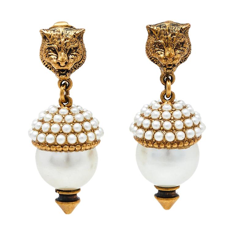 Gucci Aged Gold Tone Faux Pearl Feline Clip On Earrings