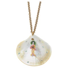 Gucci Aged Gold Tone Mother of Pearl Shell Geisha Pendant Necklace