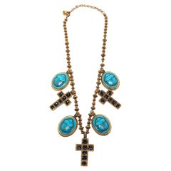 Gucci Aged Gold Tone Scarab and Cross Charms Necklace