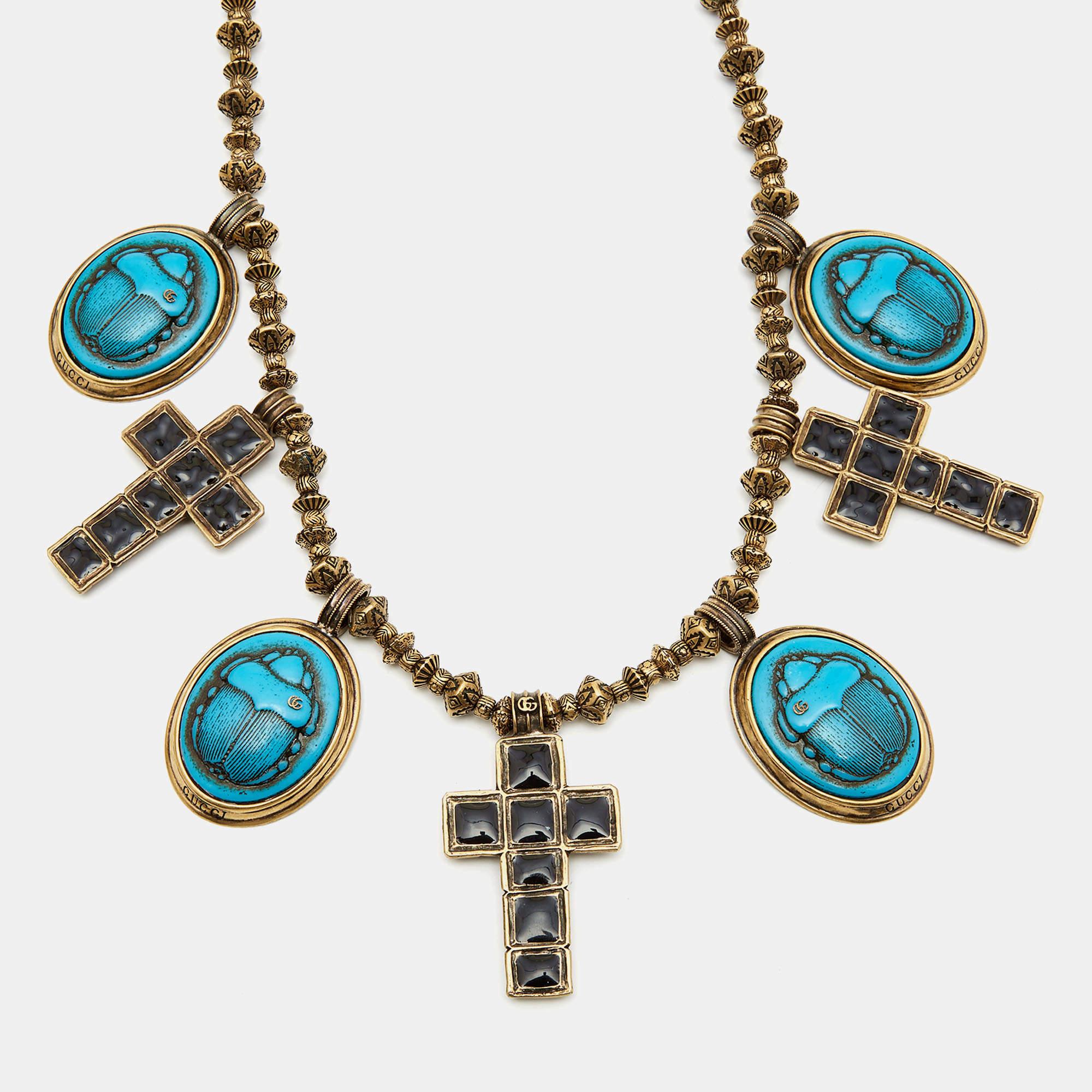 Women's Gucci Aged Scarab and Cross Charms Gold Tone Necklace