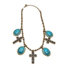 Gucci Aged Scarab and Cross Charms Gold Tone Necklace