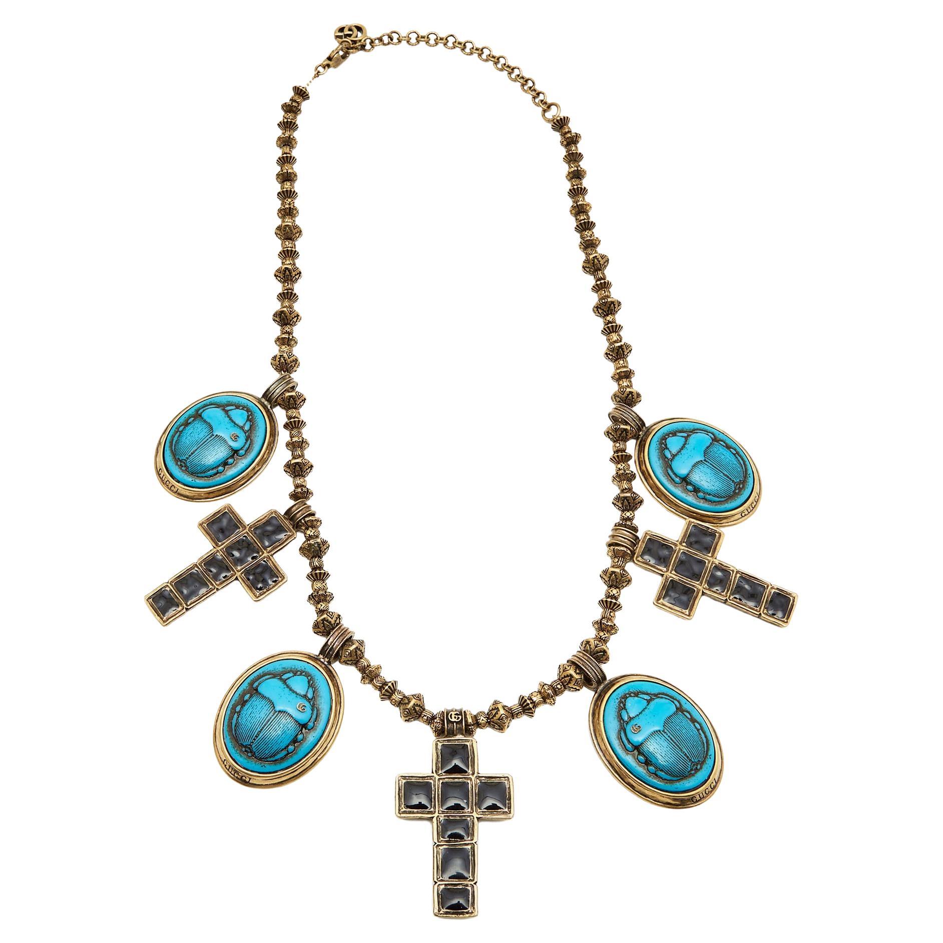 Gucci Aged Scarab and Cross Charms Gold Tone Necklace For Sale