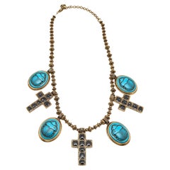 Gucci Aged Scarab and Cross Charms Gold Tone Necklace