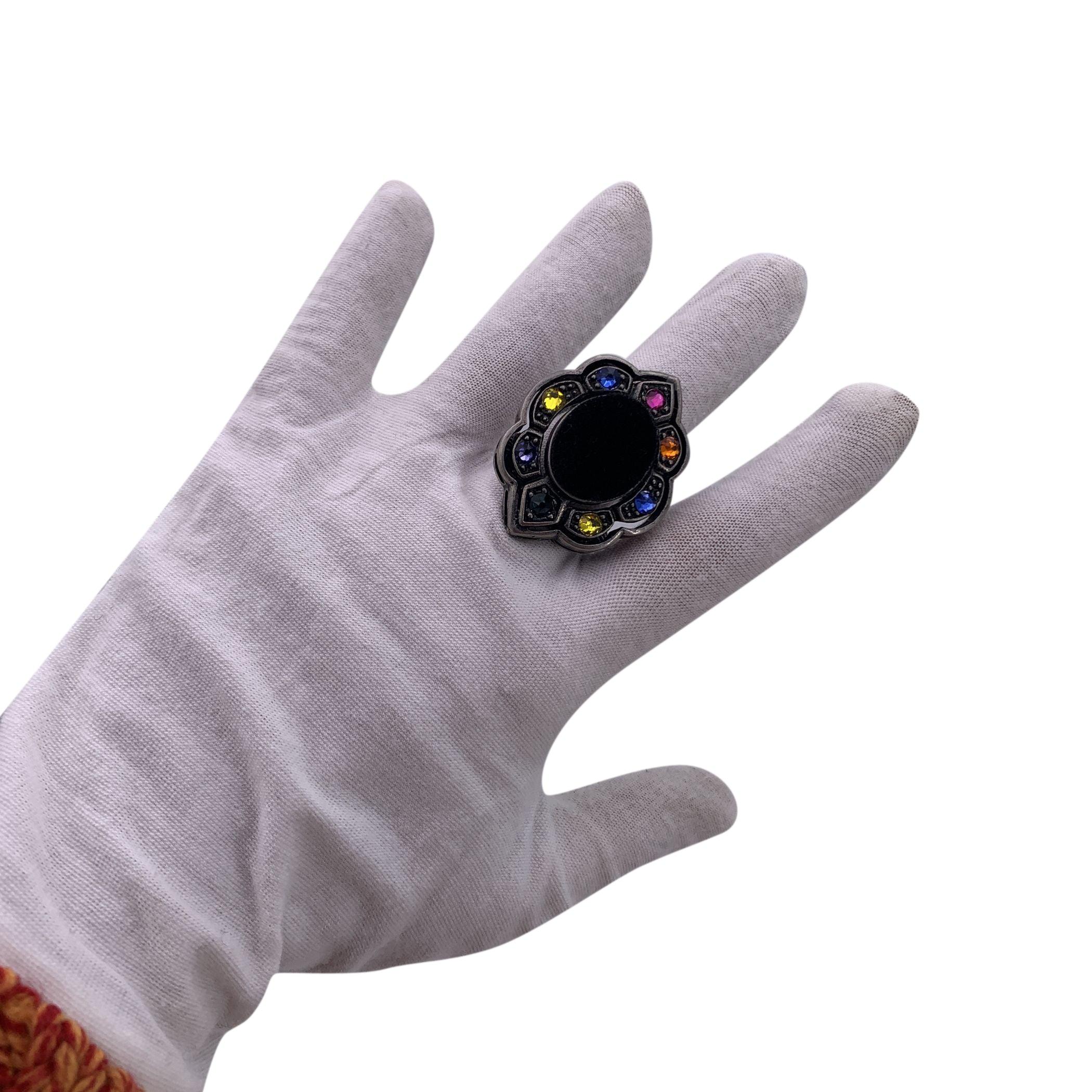 Gucci Aged Silver Ring and Multicolor Crystals and Black Velvet Size 13 In Excellent Condition For Sale In Rome, Rome