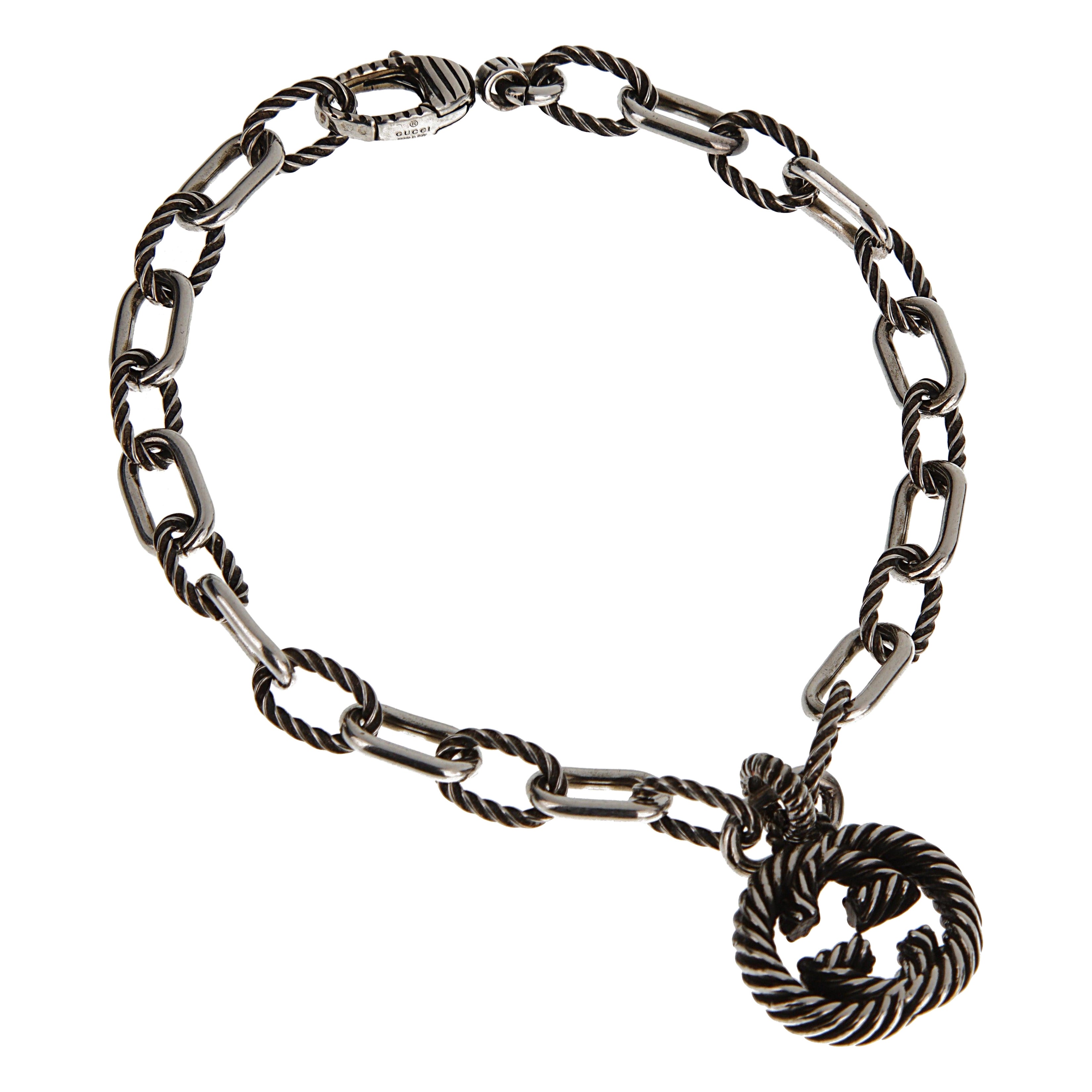 Bracciale a catena con G intrecciata in argento 925 invecchiato di Gucci - 7 1/2"