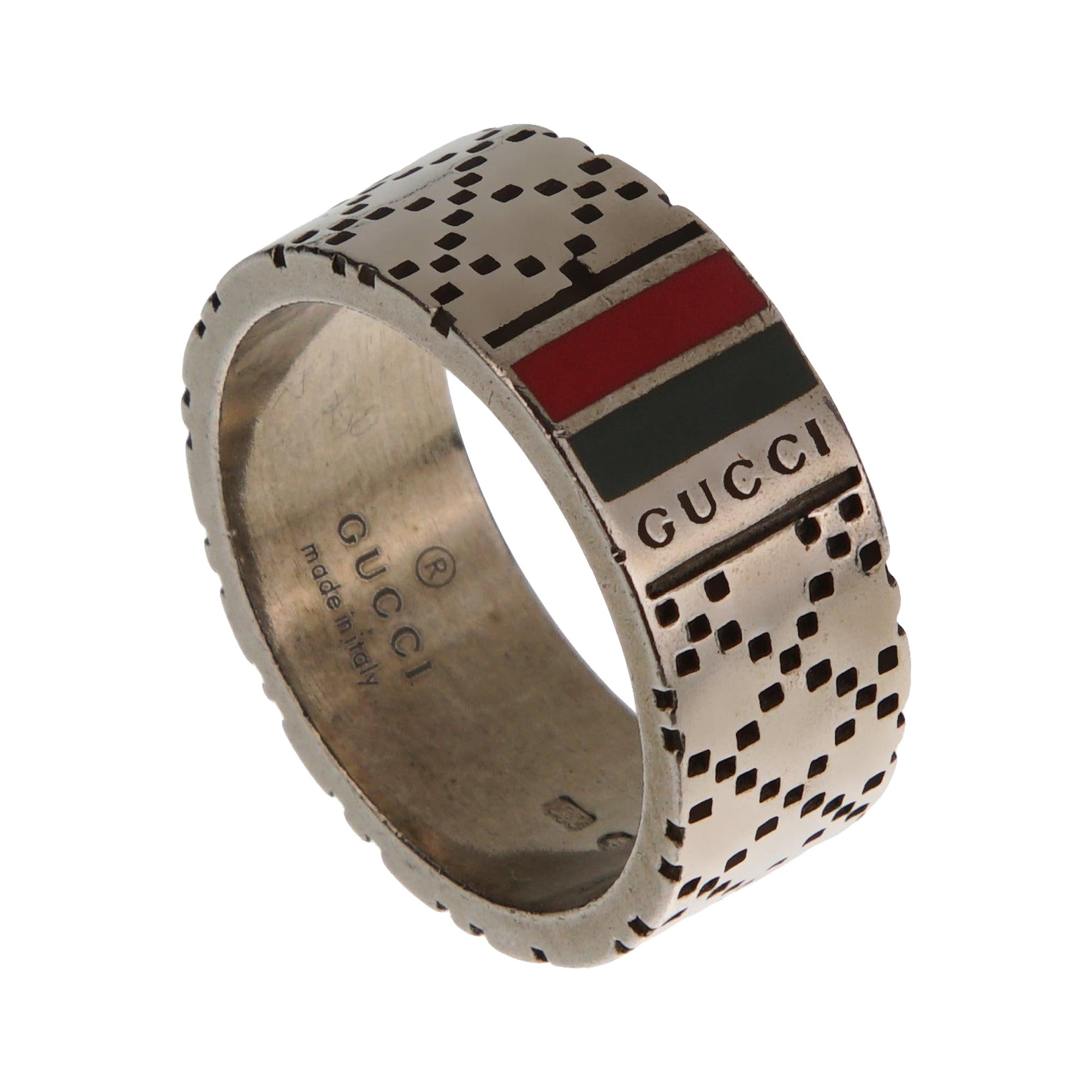 Anello a fascia con logo Gucci in argento invecchiato e intarsio di smalto - Misura 7 1/4