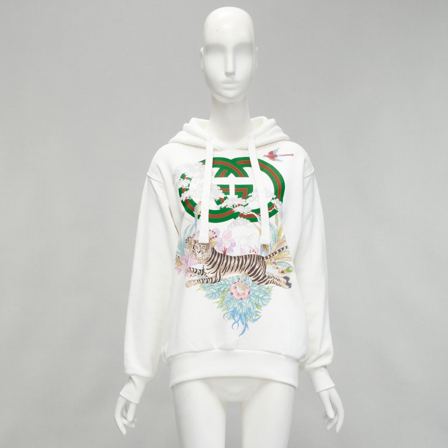 GUCCI Alessandro Michele 100% cotton white logo tiger floral print hoodie 3XS 5