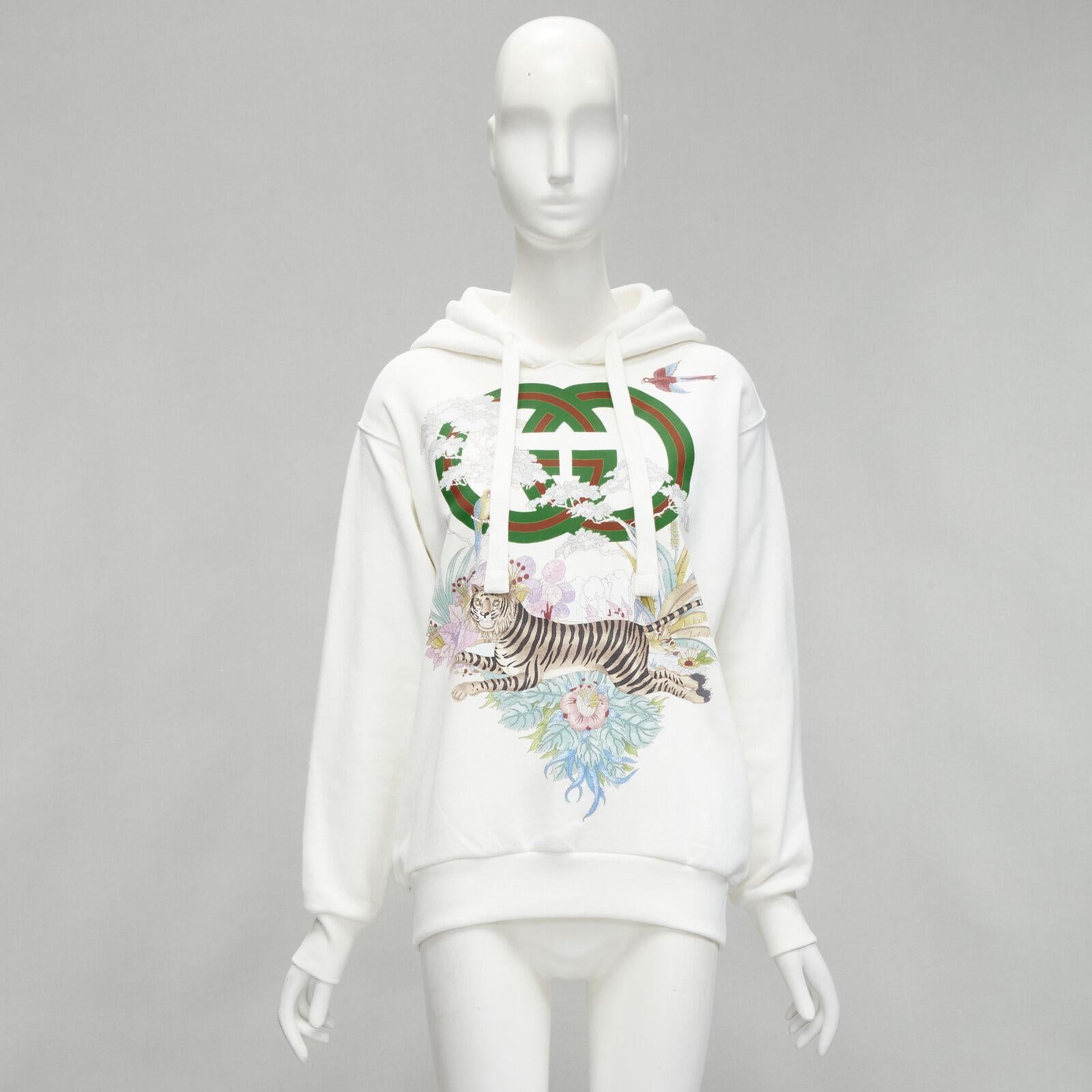 GUCCI Alessandro Michele 100% cotton white logo tiger floral print hoodie 3XS 5