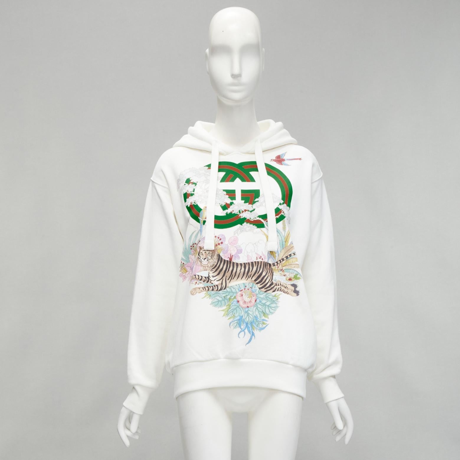 GUCCI Alessandro Michele 100% cotton white logo tiger floral print hoodie 3XS For Sale 6
