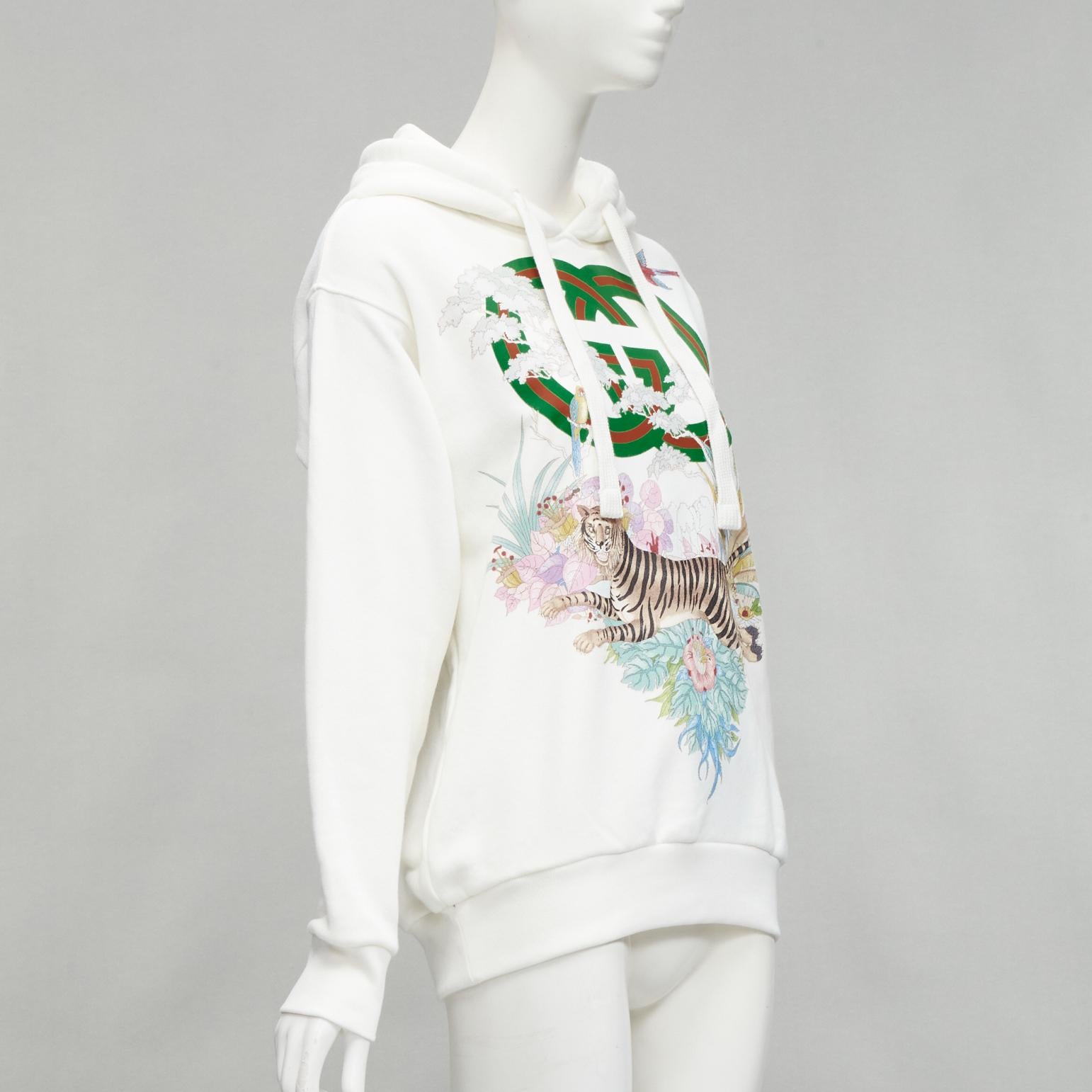 Gray GUCCI Alessandro Michele 100% cotton white logo tiger floral print hoodie 3XS