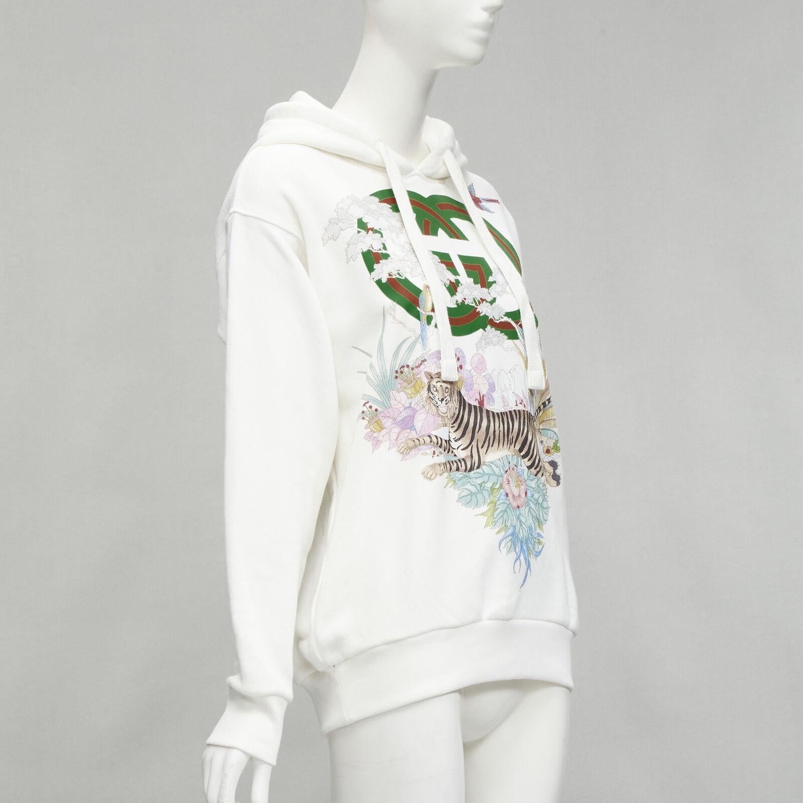 Gray GUCCI Alessandro Michele 100% cotton white logo tiger floral print hoodie 3XS