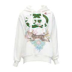 GUCCI Alessandro Michele 100% cotton white logo tiger floral print hoodie 3XS