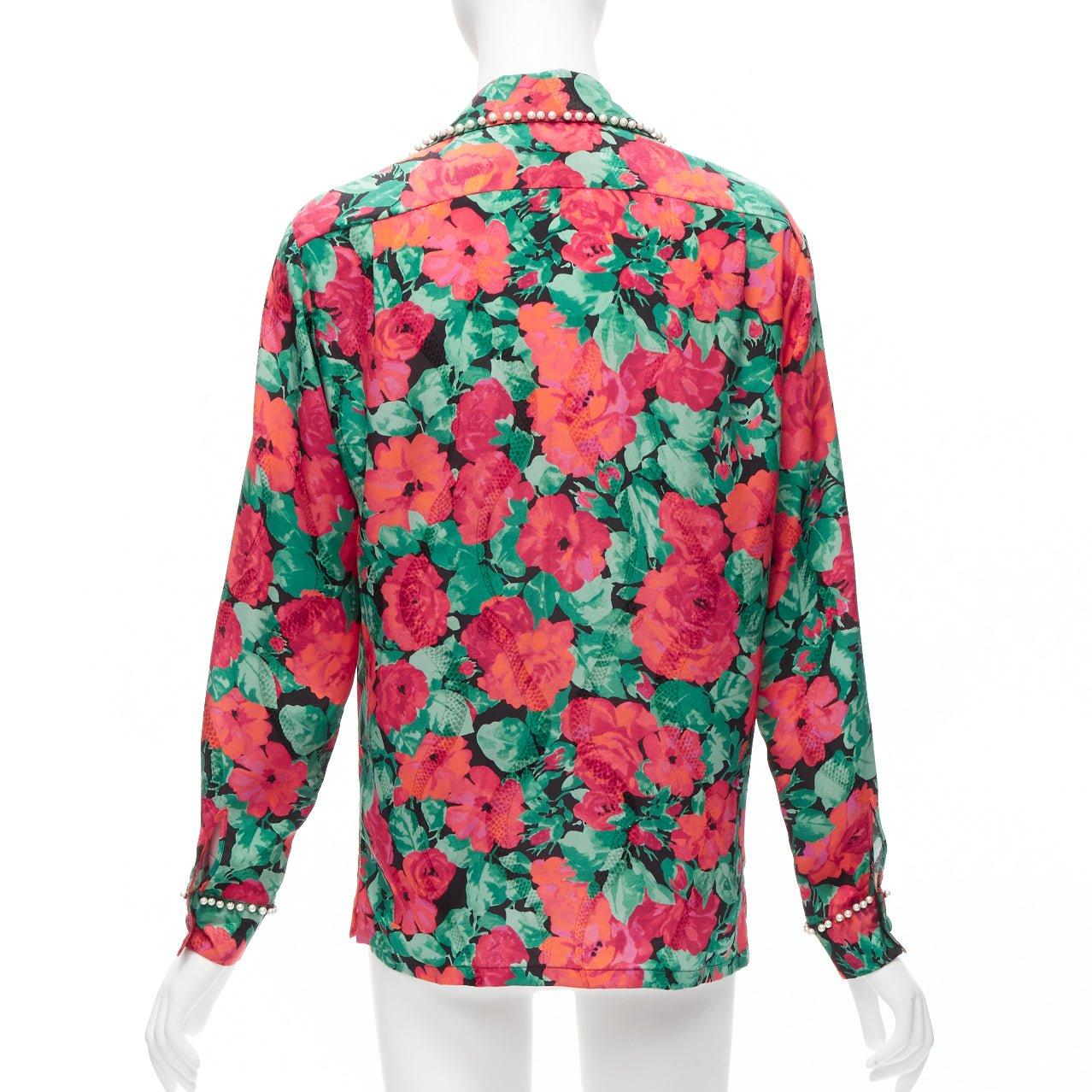 Women's GUCCI ALESSANDRO MICHELE 2016   floral GG logo pearl butto bow silk shirt IT38  For Sale