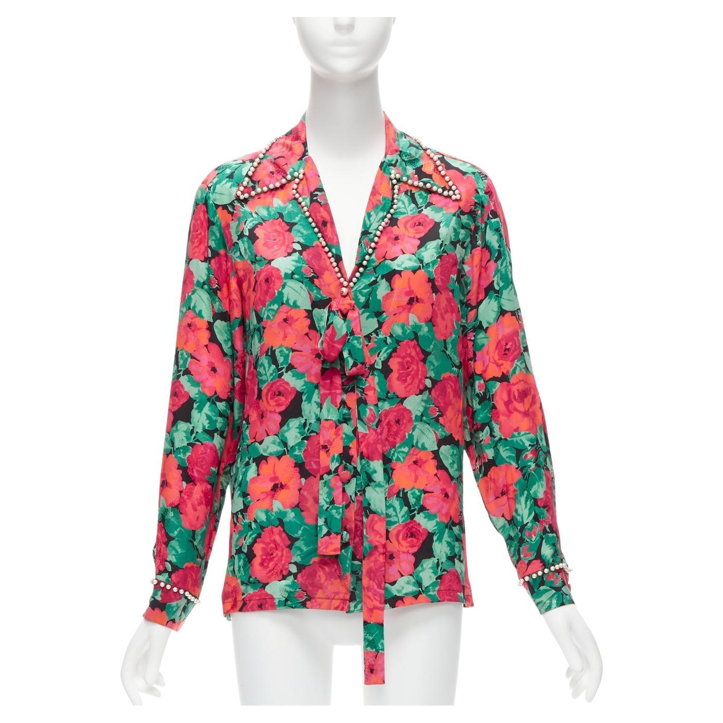 GUCCI ALESSANDRO MICHELE 2016   floral GG logo pearl butto bow silk shirt IT38  For Sale