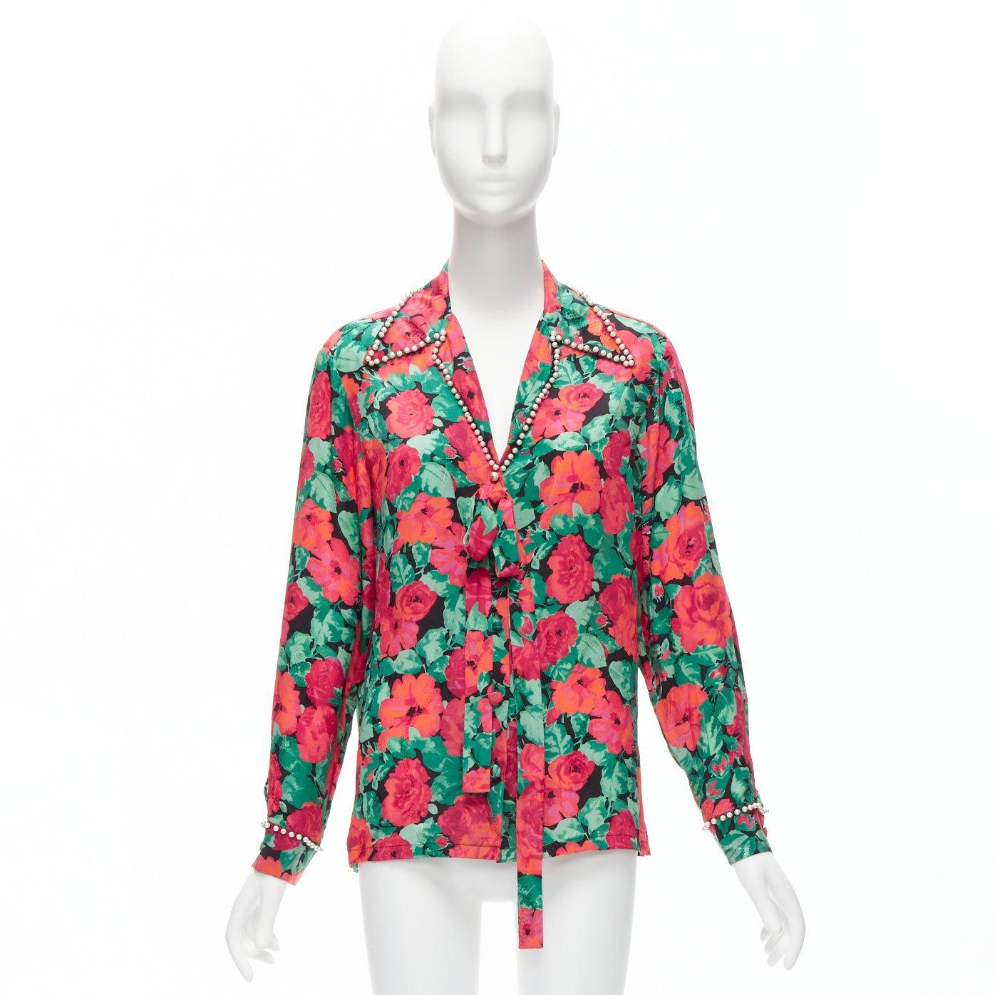 GUCCI ALESSANDRO MICHELE 2016 red green floral GG pearl bow silk shirt IT38 XS For Sale 5