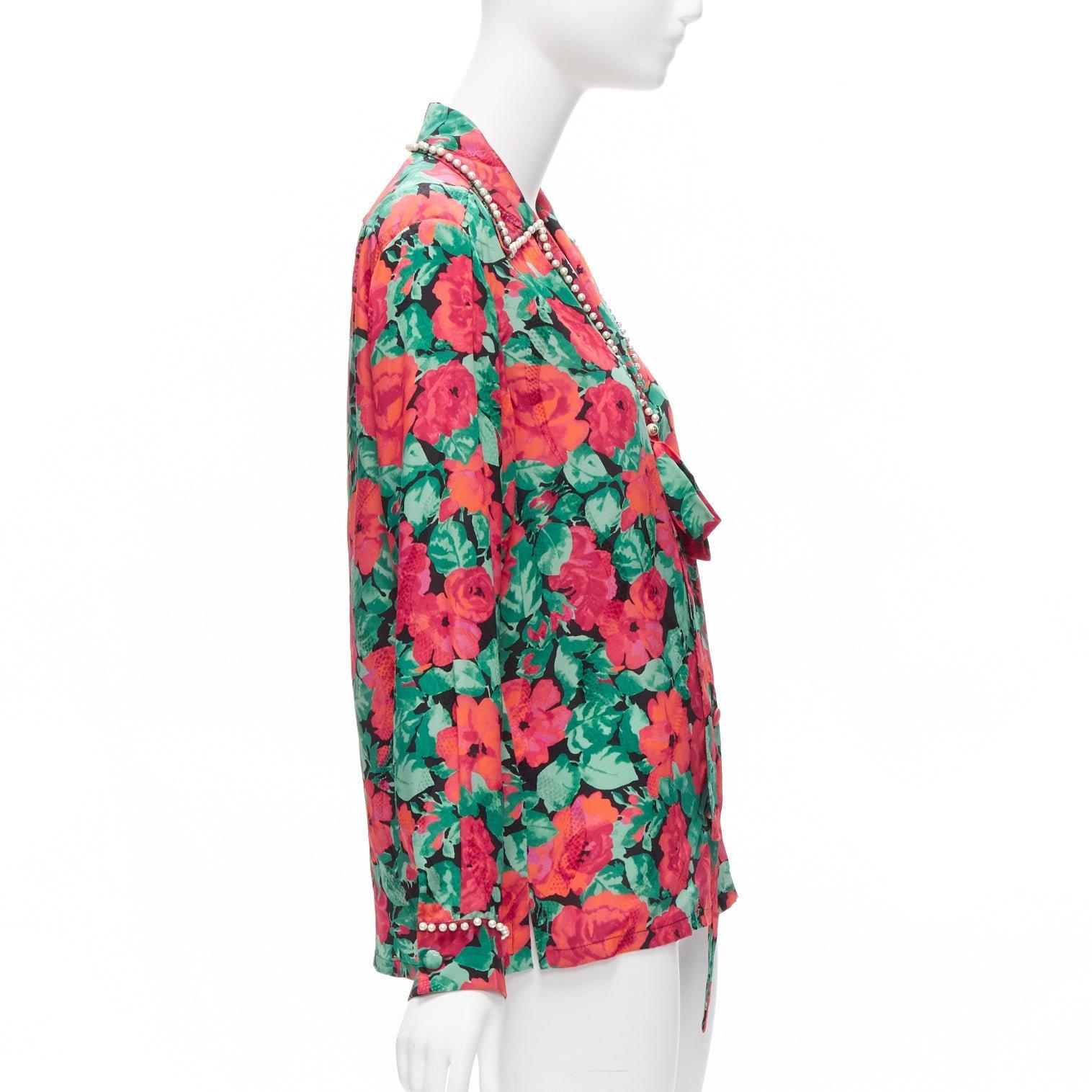 GUCCI ALESSANDRO MICHELE 2016 red green floral GG pearl bow silk shirt IT38 XS In Excellent Condition For Sale In Hong Kong, NT