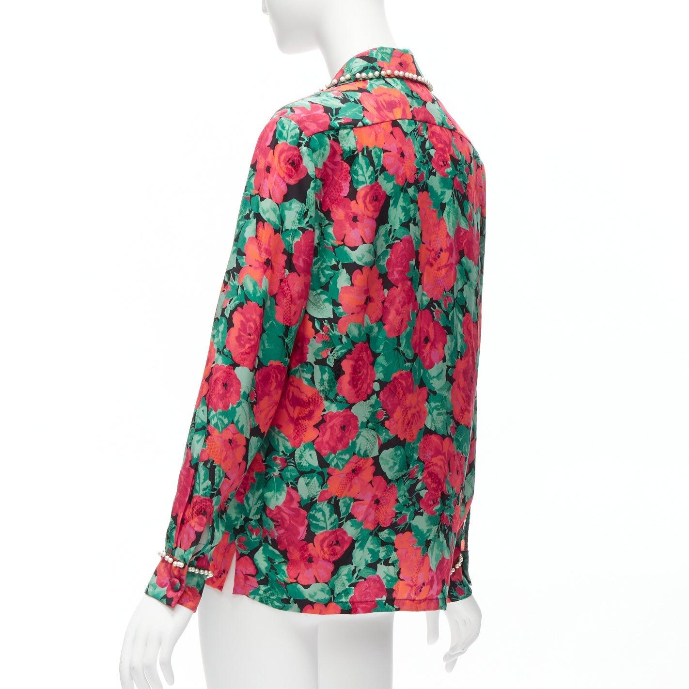 GUCCI ALESSANDRO MICHELE 2016 red green floral GG pearl bow silk shirt IT38 XS For Sale 1
