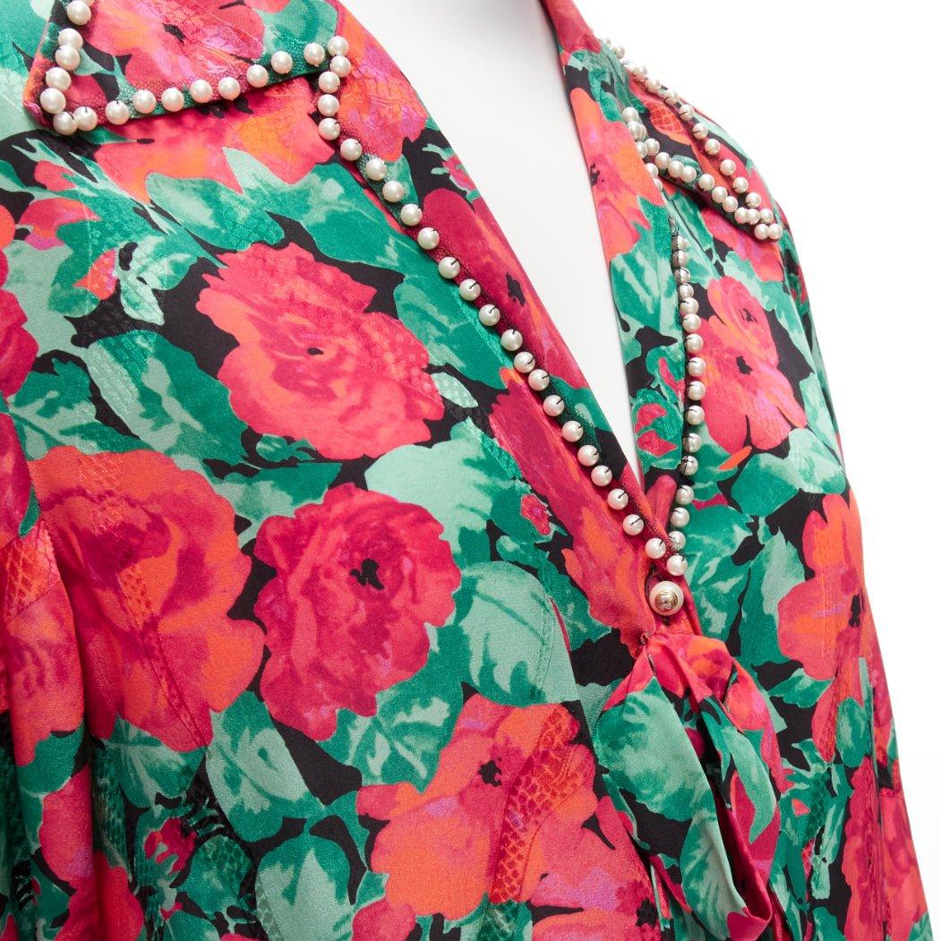 GUCCI ALESSANDRO MICHELE 2016 red green floral GG pearl bow silk shirt IT38 XS For Sale 2