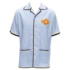 GUCCI Alessandro Michele 2017 blue teddy logo trimmed short sleeve shirt IT46 M