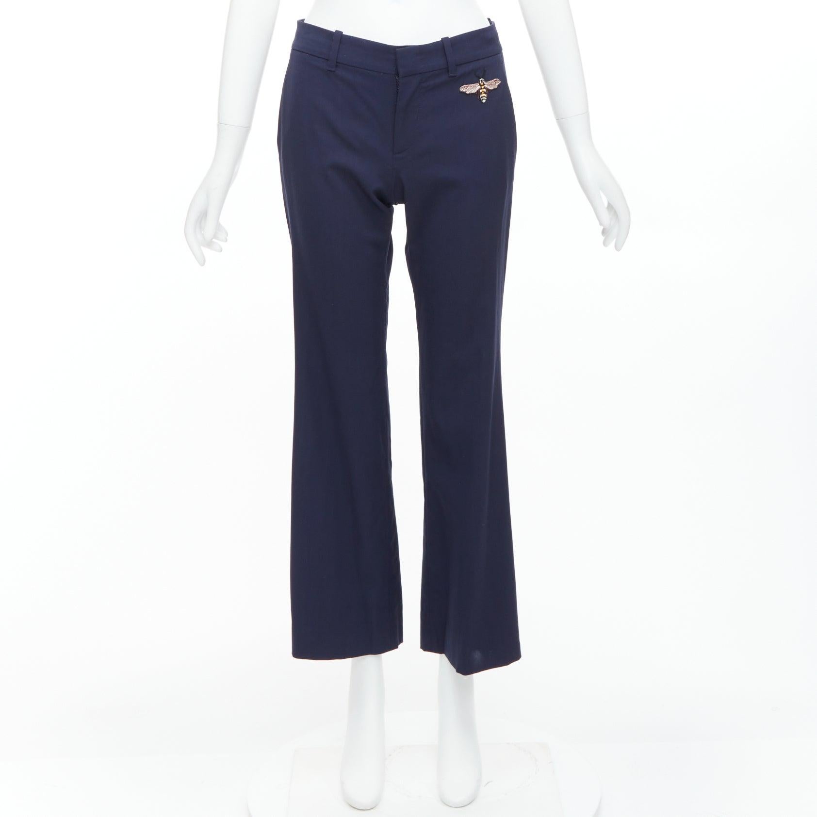 GUCCI Alessandro Michele 2017 marineblaue, perlenbestickte, ausgestellte, ausgestellte Hose IT38 XS im Angebot 5
