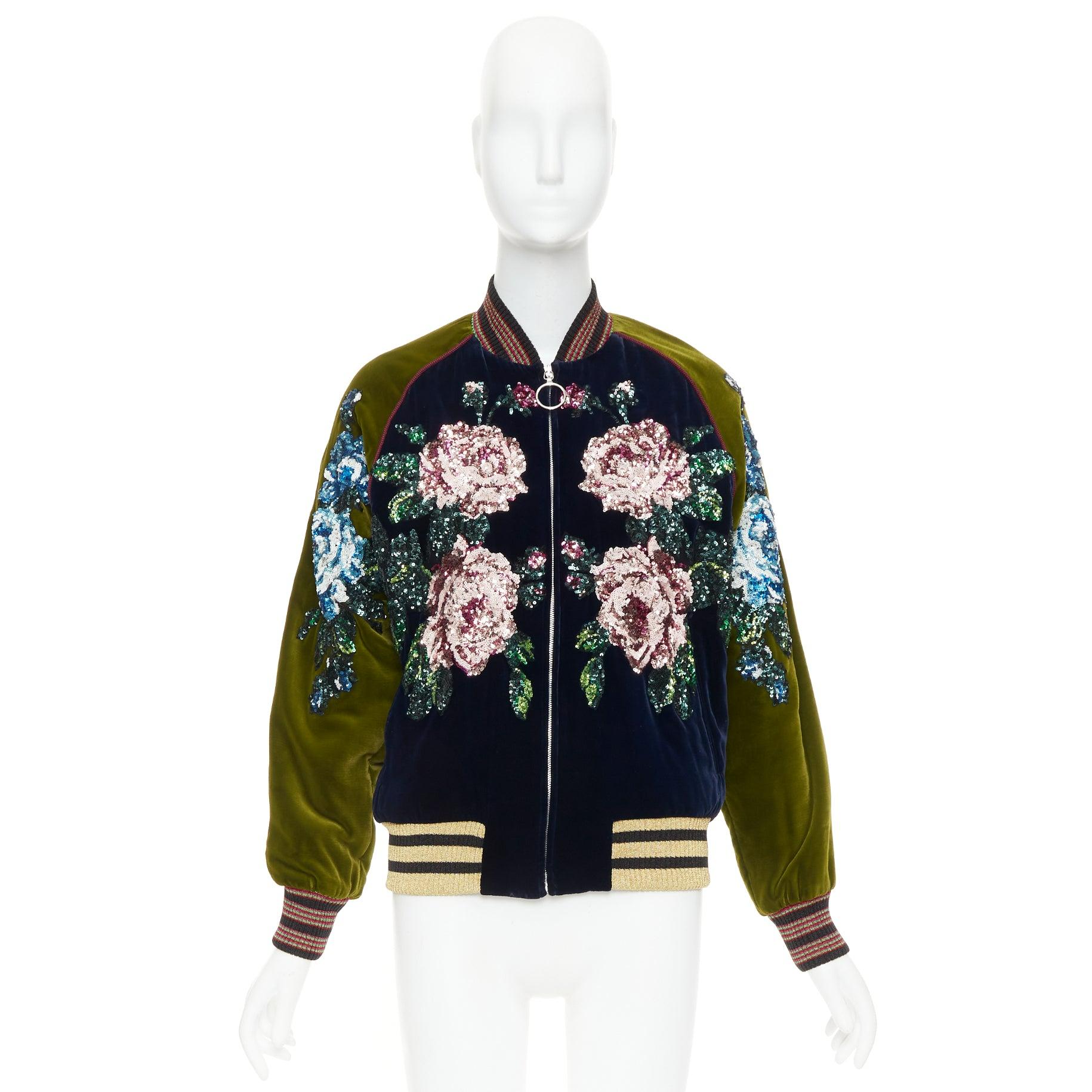 Gucci Alessandro Michele 2017 navy olive rose paillettes velluto bomber IT40 S in vendita 6