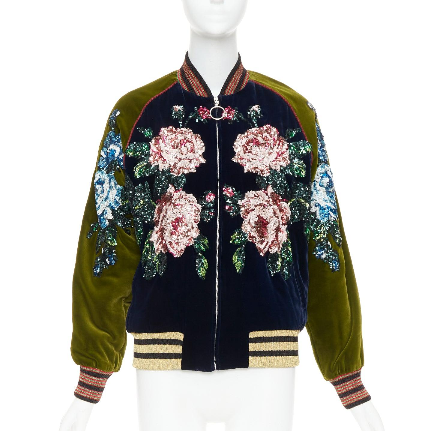 Nero Gucci Alessandro Michele 2017 navy olive rose paillettes velluto bomber IT40 S in vendita