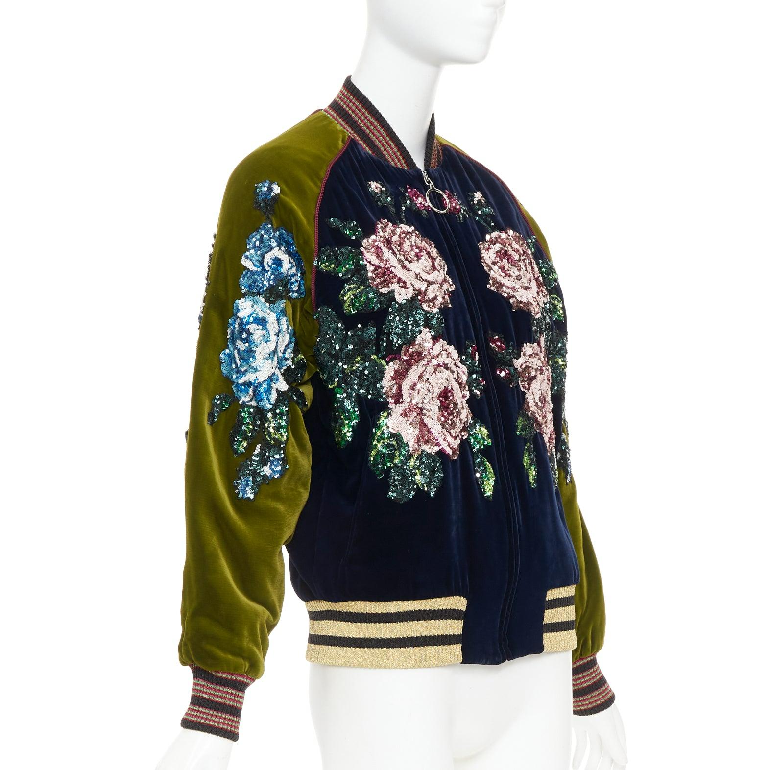 Gucci Alessandro Michele 2017 navy olive rose paillettes velluto bomber IT40 S In condizioni Nuovo in vendita a Hong Kong, NT