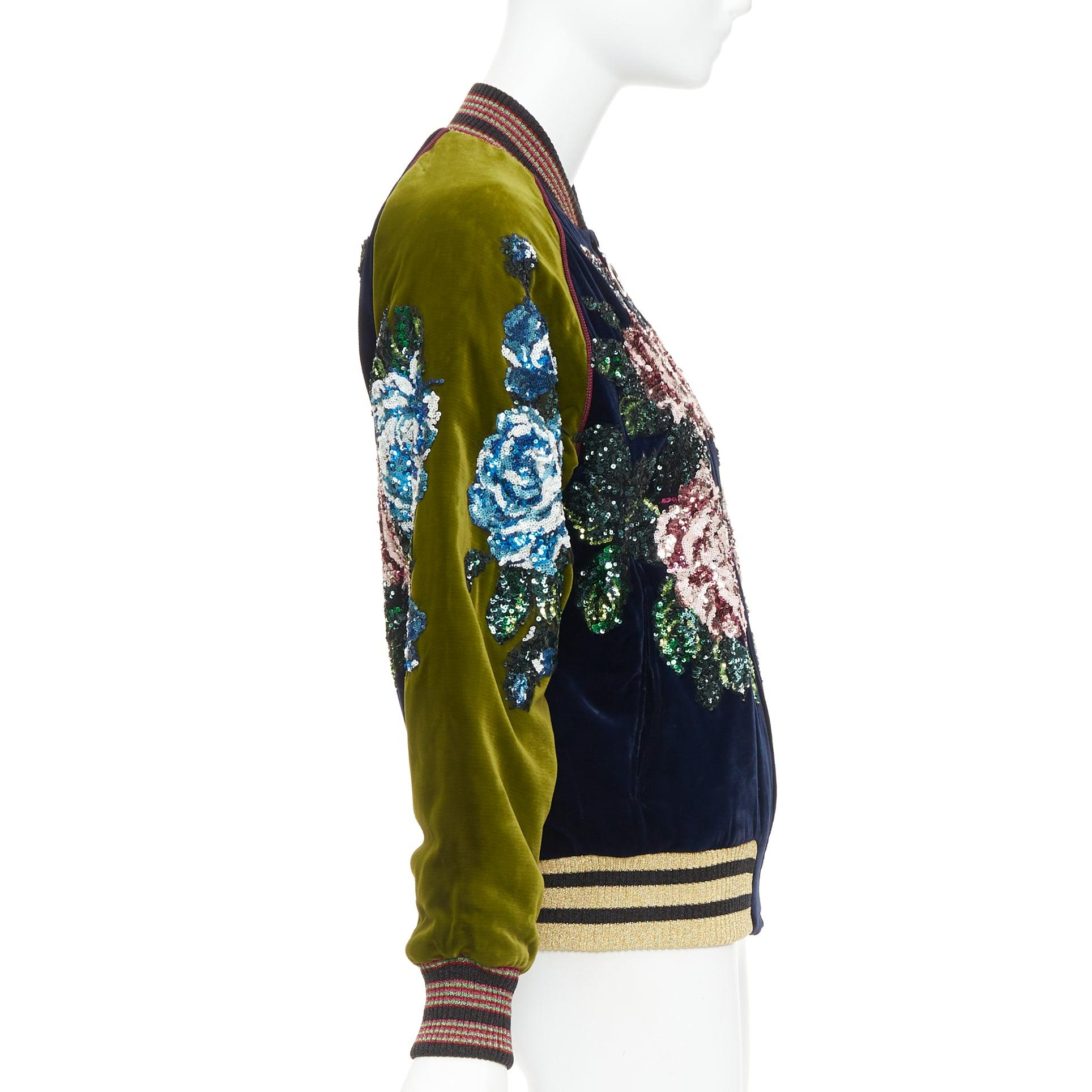 Donna Gucci Alessandro Michele 2017 navy olive rose paillettes velluto bomber IT40 S in vendita