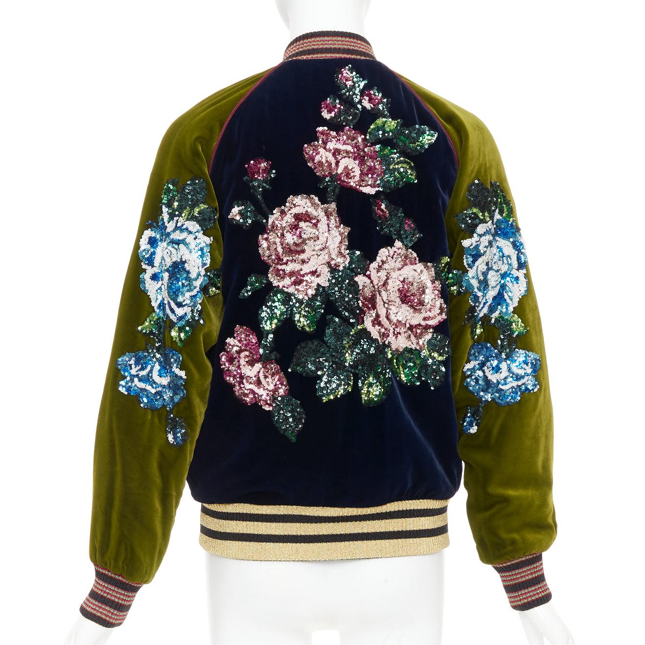 Gucci Alessandro Michele 2017 navy olive rose paillettes velluto bomber IT40 S in vendita 1