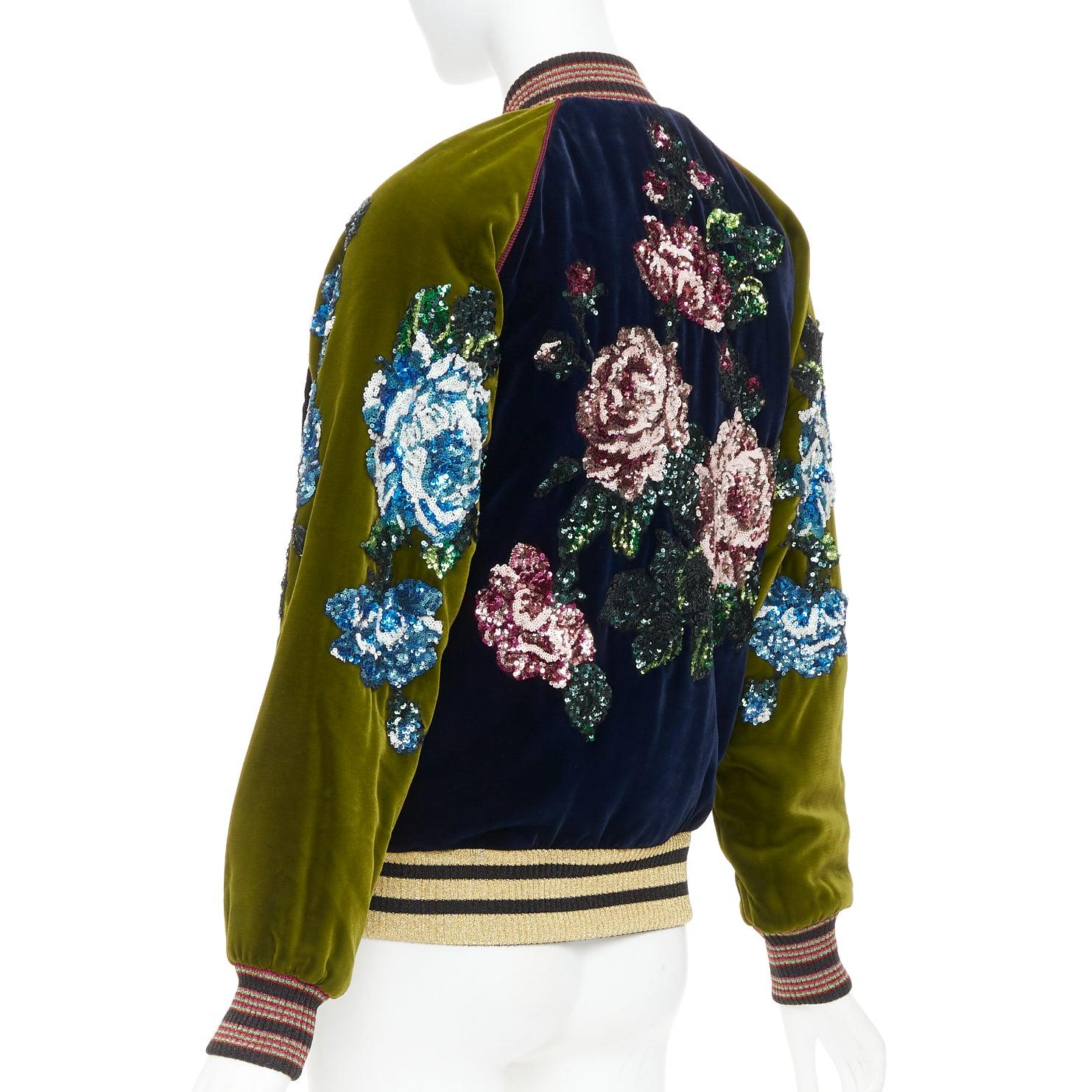 Gucci Alessandro Michele 2017 navy olive rose paillettes velluto bomber IT40 S in vendita 2