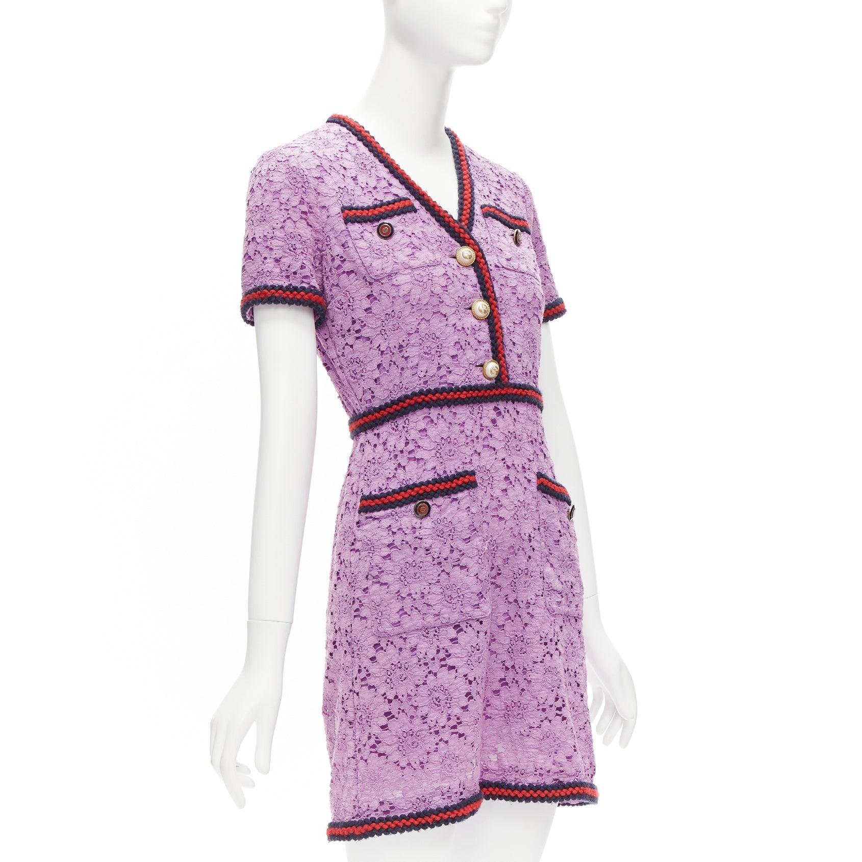 GUCCI Alessandro Michele 2017 purple lace 4 pocket preppy dress IT40 S In Fair Condition For Sale In Hong Kong, NT