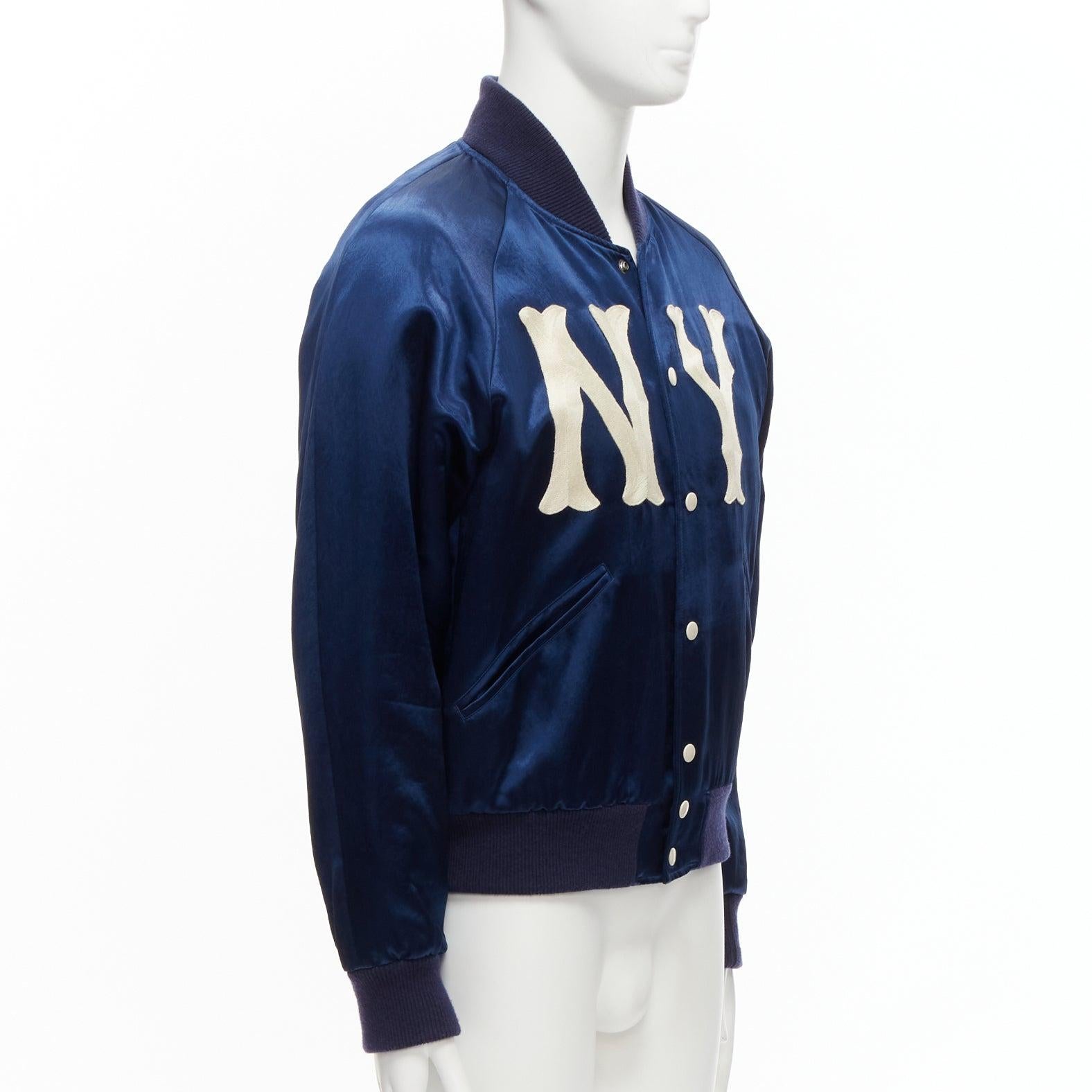 GUCCI Alessandro Michele 2018 NY Yankees embroidery satin baseball jacket IT48 M In Good Condition In Hong Kong, NT