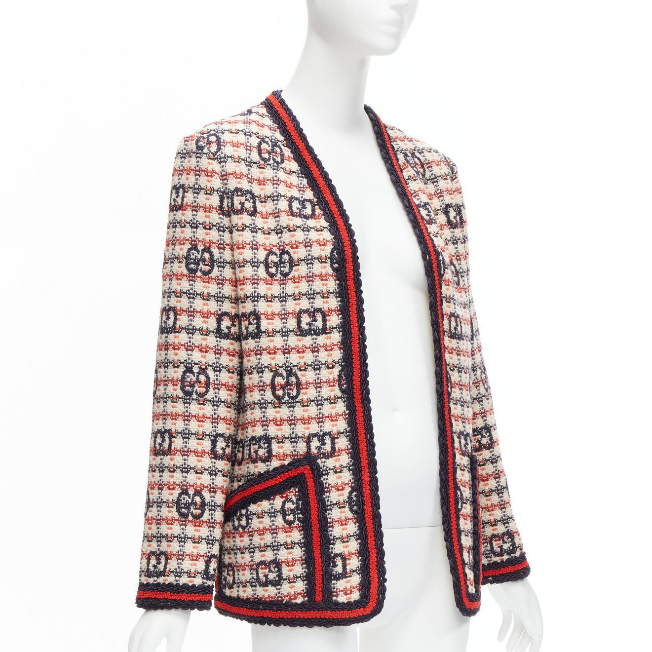 GUCCI Alessandro Michele 2020 beige GG logo red web trim tweed blazer IT40 S In Excellent Condition In Hong Kong, NT