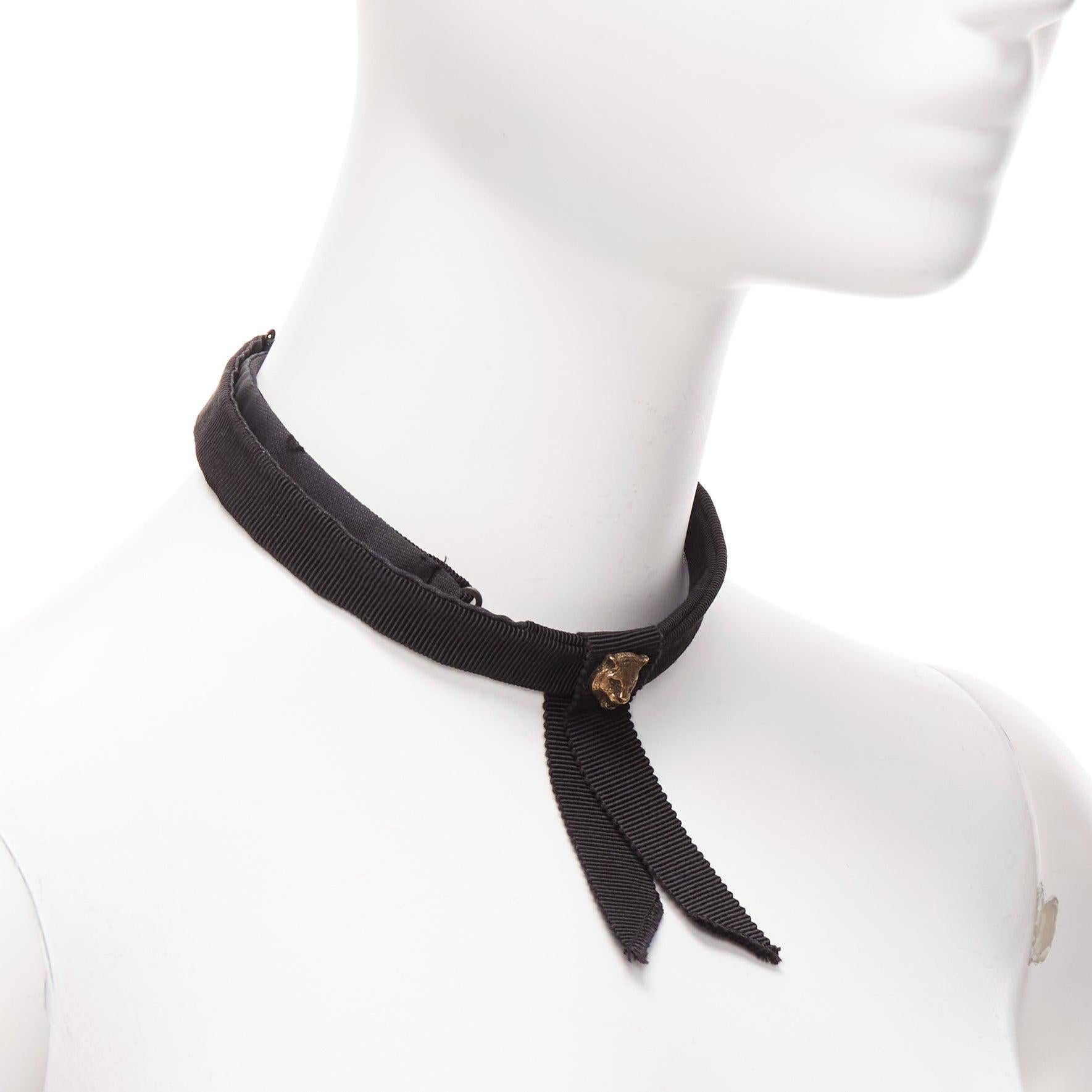 GUCCI Alessandro Michele antique gold lion head black ribbon choker In Excellent Condition For Sale In Hong Kong, NT
