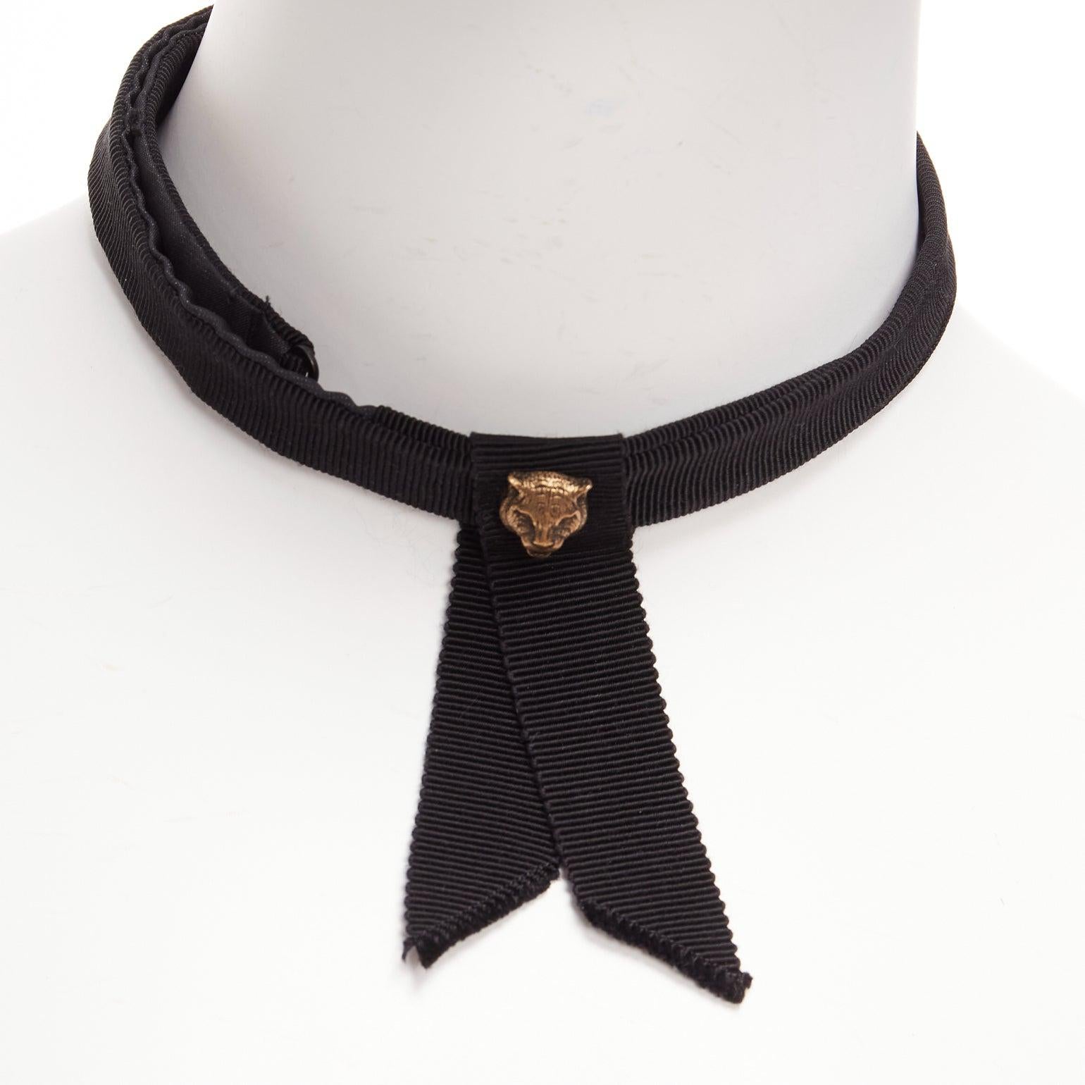 GUCCI Alessandro Michele antique gold lion head black ribbon choker For Sale 3