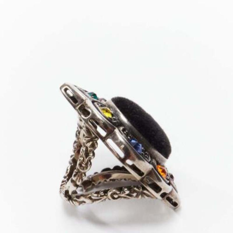 GUCCI Alessandro Michele black velvet colorful crystals oversized cocktail ring
Reference: BSHW/A00121
Brand: Gucci
Designer: Alessandro Michele
Material: Metal, Velvet
Color: Black, Multicolour
Pattern: Solid
Closure: Pullover
Lining: Metallic