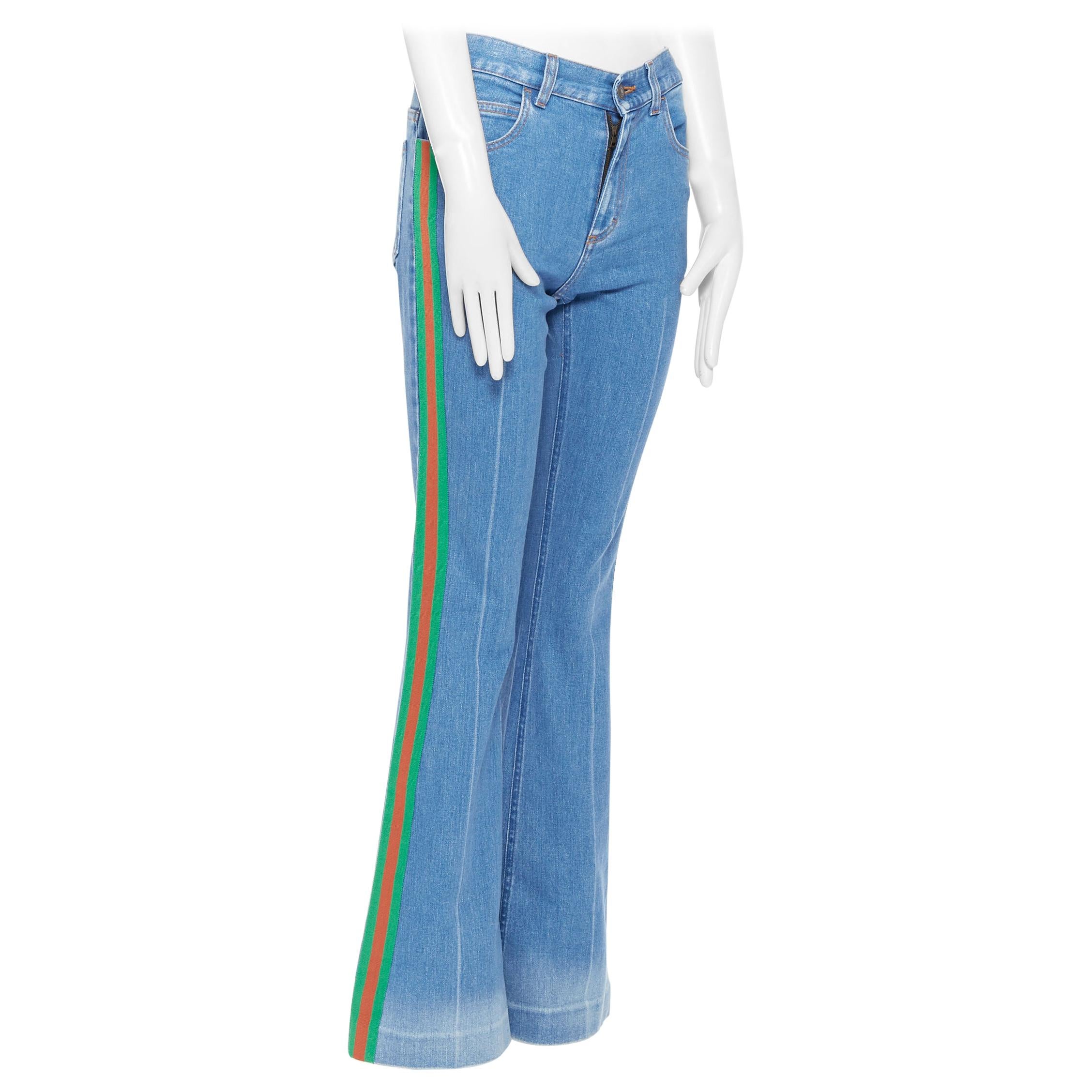 GUCCI ALESSANDRO MICHELE blue denim red green web trim 90's flared jeans  24" at 1stDibs