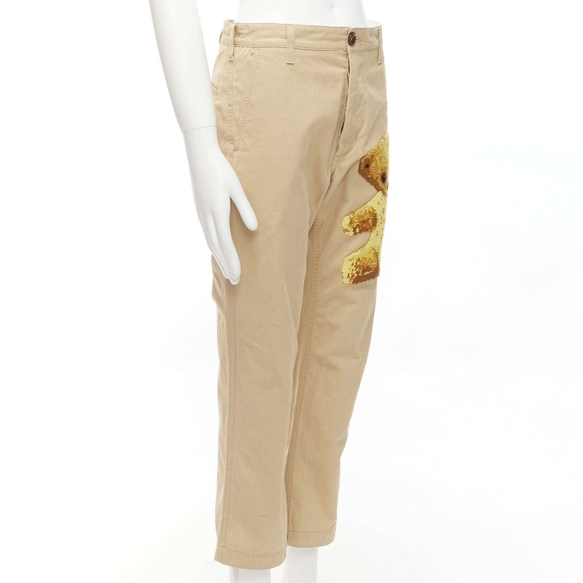 GUCCI Alessandro Michele brown Teddy Bear embroidery beige chino pants 30
