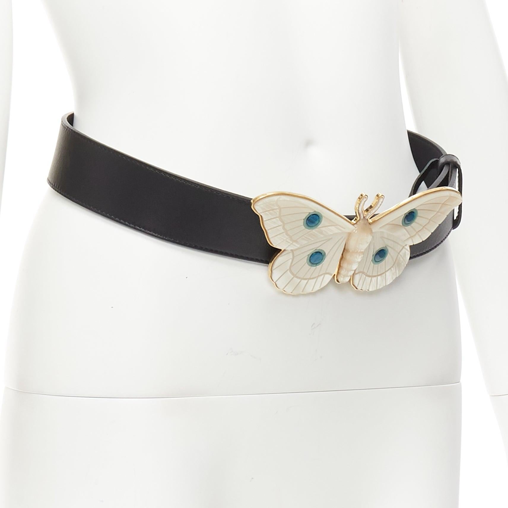 GUCCI Alessandro Michele cream mother of pearl butterfly black leather belt 75cm In Good Condition For Sale In Hong Kong, NT